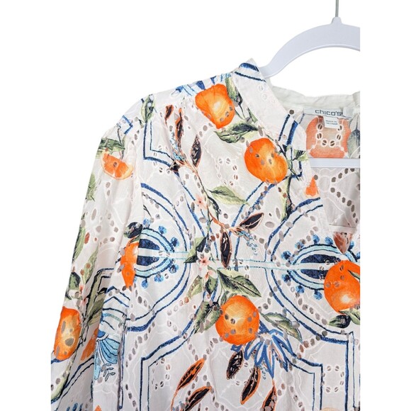 Chico's 3 Womens Tropical Citrus Orange Print Eyelet 3/4 Balloon Sleeve Top XL - Picture 5 of 9